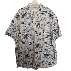 Tommy Bahama Men's Tropical Hula Girl Palm Print Hawaiian Shirt Blue Brown